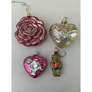 Lot Of 4 Vintage Hand Blown‎ Germany Ornaments - Flower - Heart - Christmas Bear